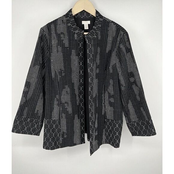 Chicos Size 3 XL 16 Textured Black White Abstract Jacket Blazer - Picture 1 of 3